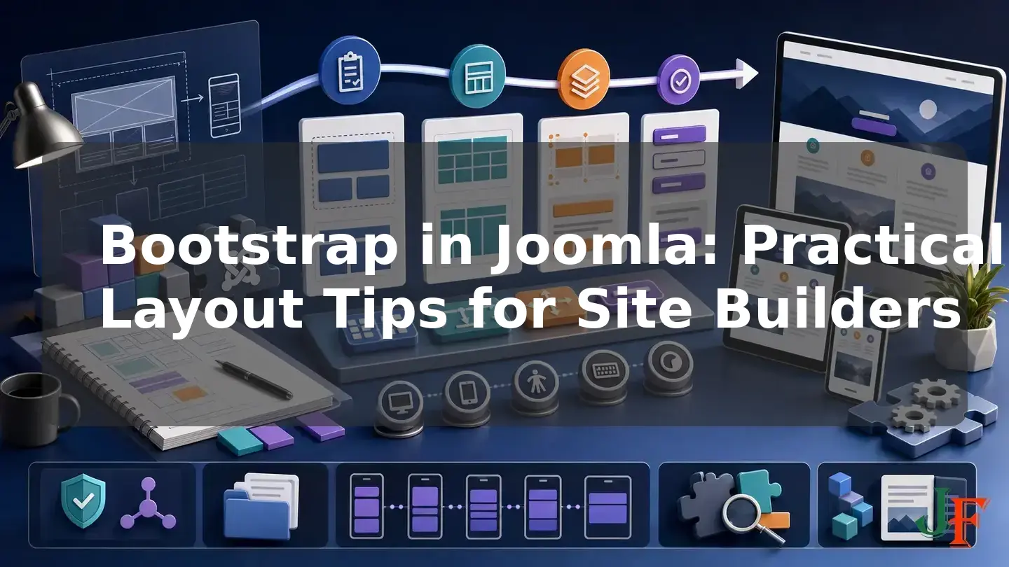 Wide conceptual illustration showing the connected stages and supporting elements involved in Bootstrap in Joomla: Practical Layout Tips for Site Builders.