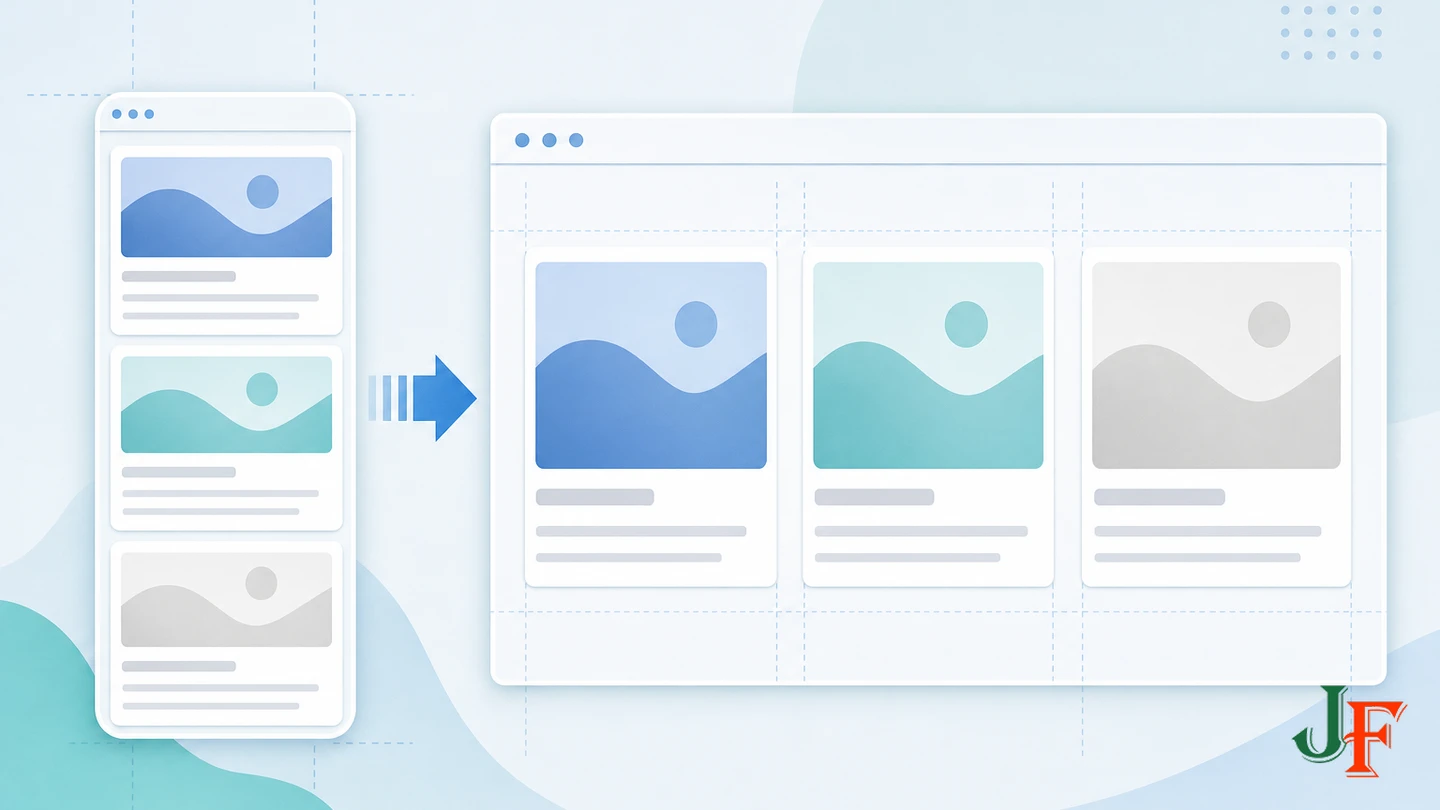 Responsive content cards stacking on mobile and forming columns on a wider screen