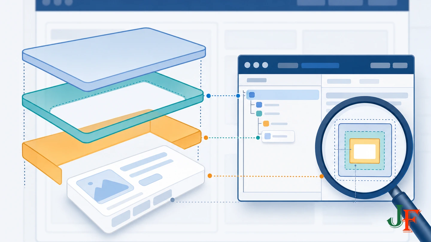 Nested module content, container, and template wrappers being inspected in a browser