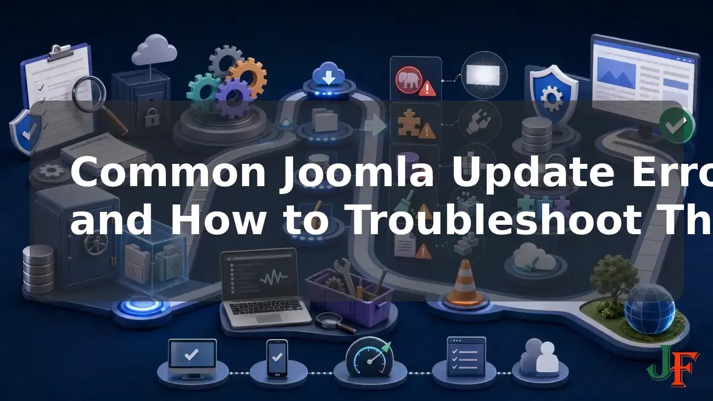 Wide conceptual illustration showing the connected stages and supporting elements involved in Common Joomla Update Errors and How to Troubleshoot Them.