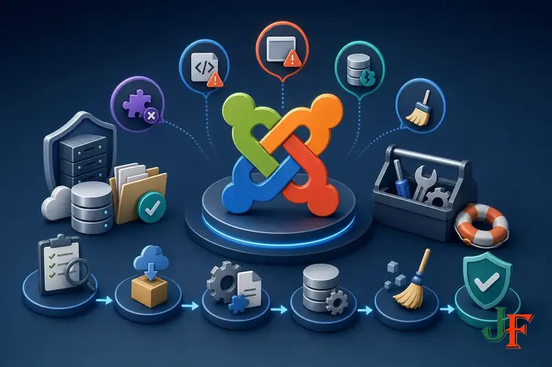 Conceptual editorial illustration representing Common Joomla Update Errors and How to Troubleshoot Them through a clear Joomla-focused visual metaphor.