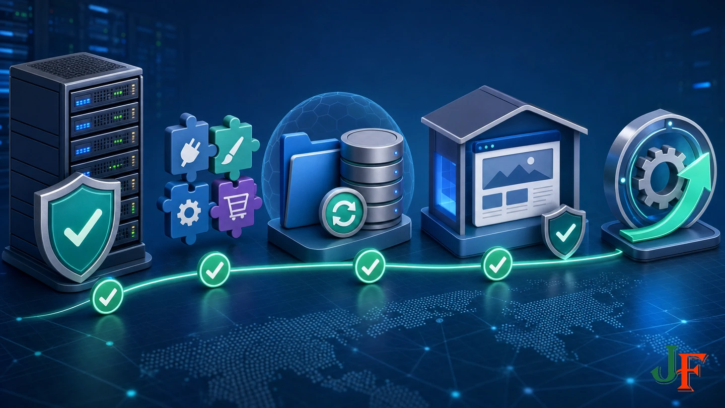 Protected pre-update workflow linking compatibility checks, backup verification, staging, and controlled updating