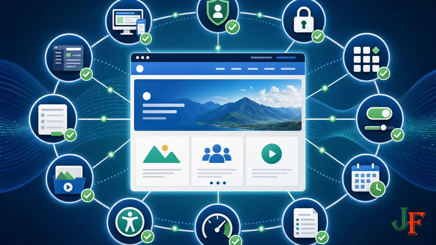 Updated website surrounded by checkpoints for frontend, administration, forms, navigation, accessibility, performance, and logs
