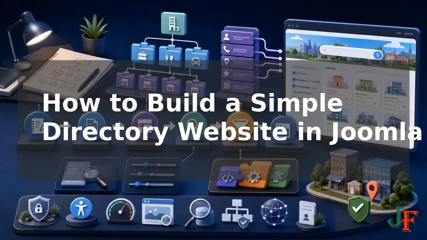 Wide conceptual illustration showing the connected stages and supporting elements involved in How to Build a Simple Directory Website in Joomla.