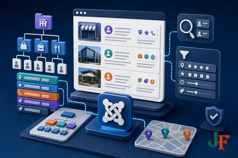 Conceptual editorial illustration representing How to Build a Simple Directory Website in Joomla through a clear Joomla-focused visual metaphor.