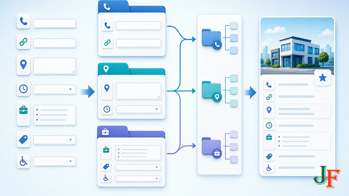 Custom fields organized into contact, location, and business-detail groups