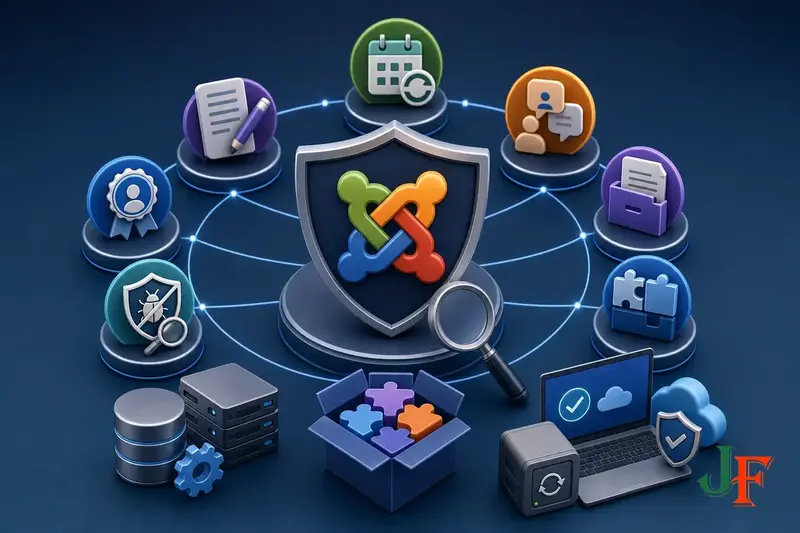Conceptual editorial illustration representing How to Choose Safe Joomla Extensions through a clear Joomla-focused visual metaphor.