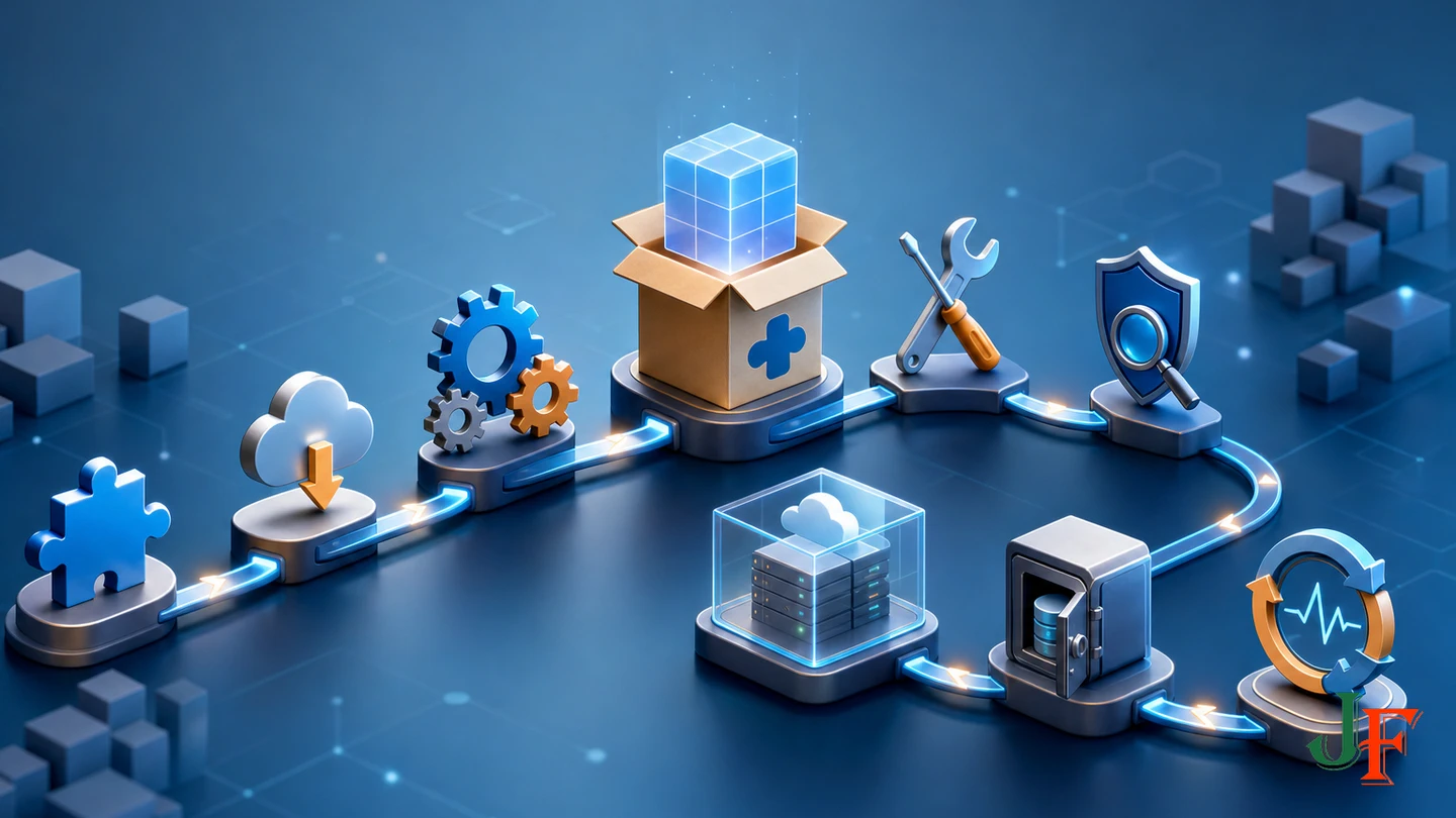 Extension package moving through compatibility, security, staging, backup, and maintenance checks