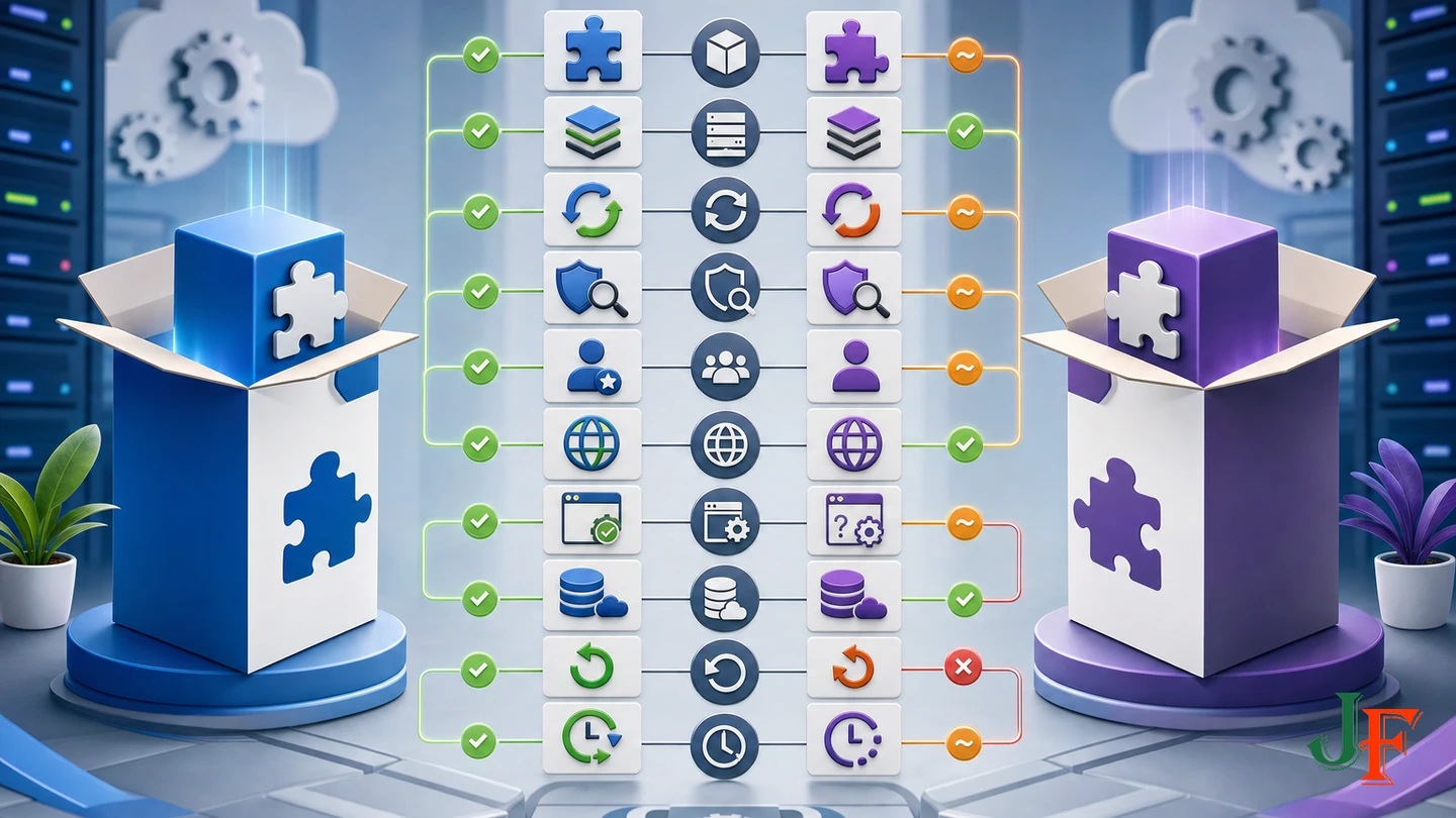 Two extensions compared through compatibility, updates, security evidence, testing, and maintenance