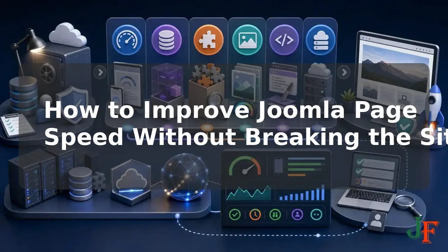 Wide conceptual illustration showing the connected stages and supporting elements involved in How to Improve Joomla Page Speed Without Breaking the Site.