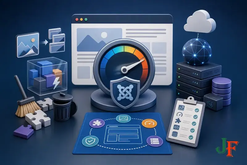 Conceptual editorial illustration representing How to Improve Joomla Page Speed Without Breaking the Site through a clear Joomla-focused visual metaphor.