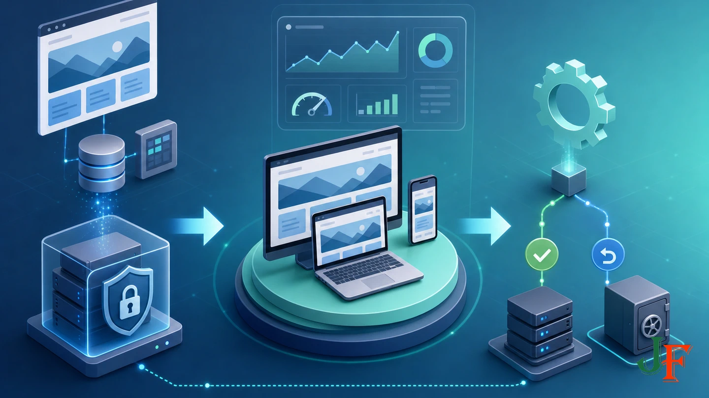 Backup, staging, measurement, testing, and rollback form a reversible Joomla optimization workflow.