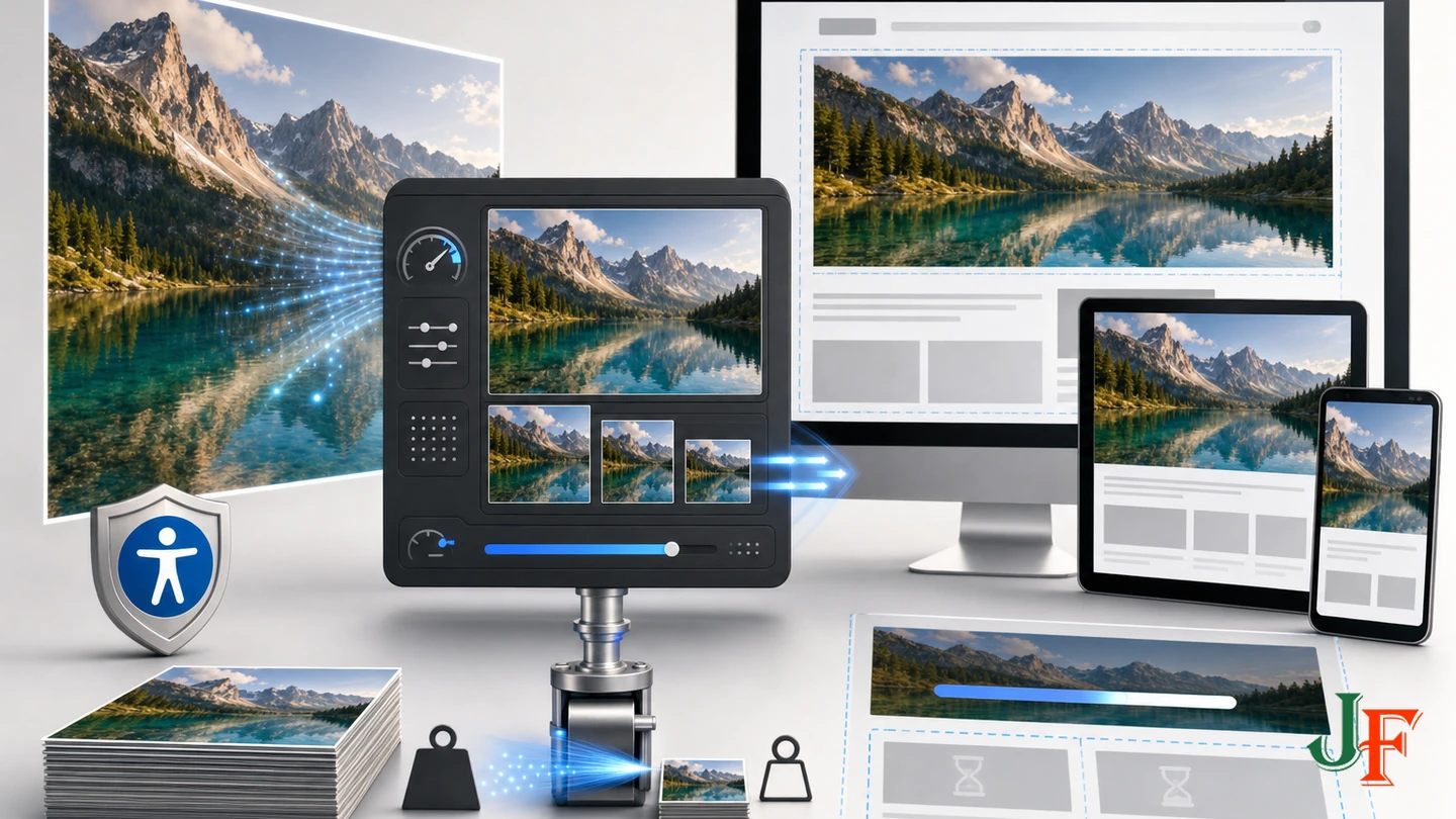 Oversized media becomes sharp responsive variants while preserving accessibility and stable page layout.