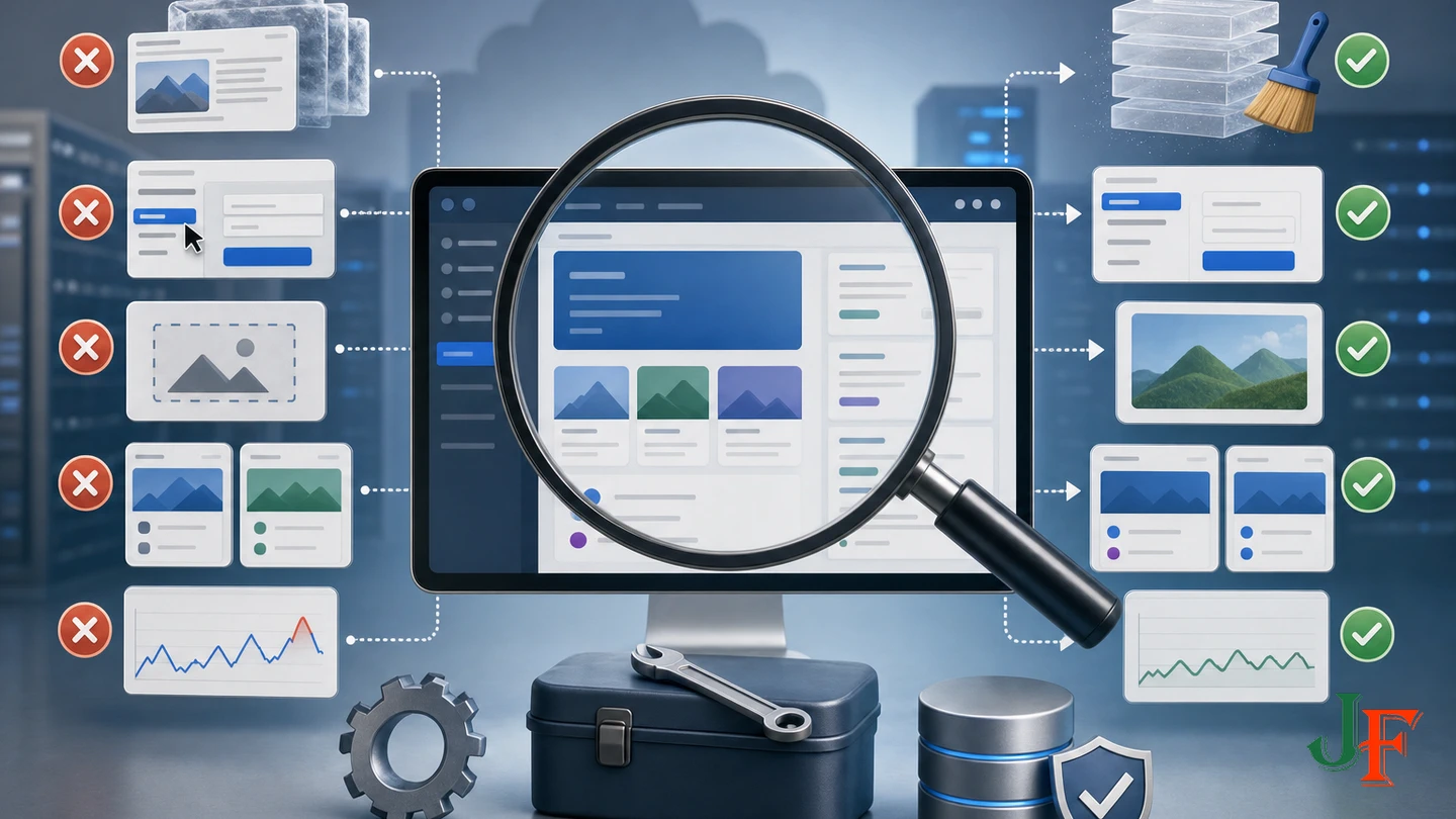 A diagnostic workflow connects Joomla performance symptoms with rollback, cache clearing, and controlled retesting.