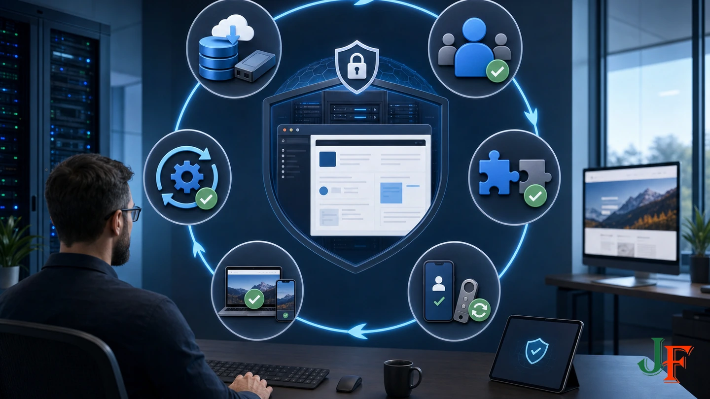 Recurring Joomla security maintenance cycle covering updates, accounts, extensions, testing, and credential recovery
