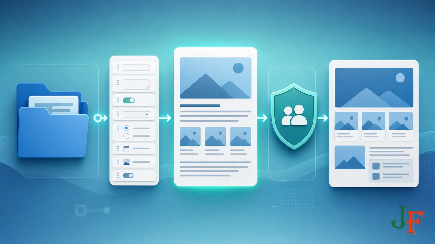 Planned content record connected to its category, grouped fields, access controls, and frontend layout