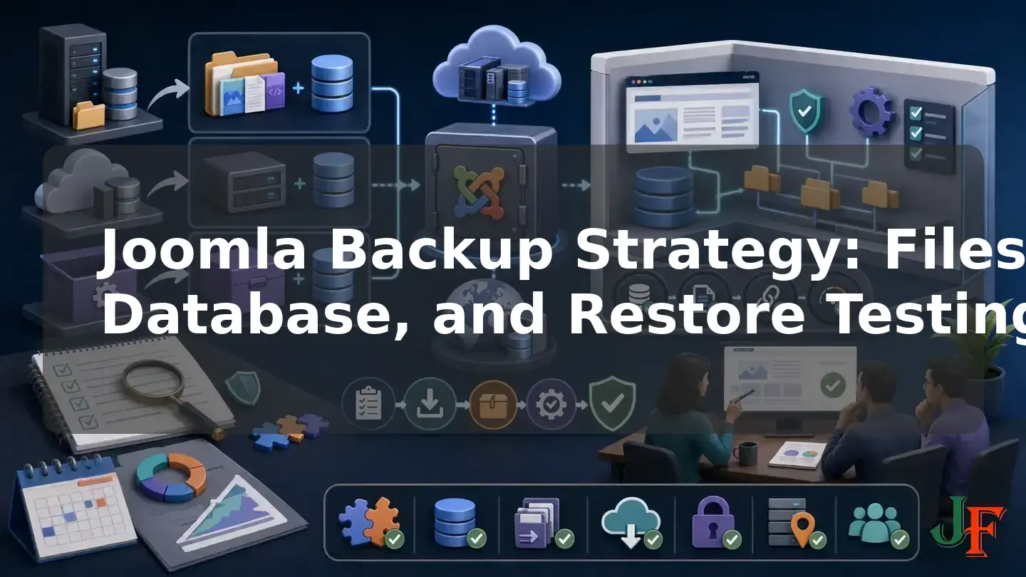 Wide conceptual illustration showing the connected stages and supporting elements involved in Joomla Backup Strategy: Files, Database, and Restore Testing.