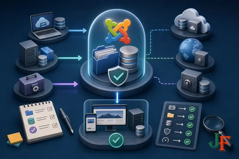 Conceptual editorial illustration representing Joomla Backup Strategy: Files, Database, and Restore Testing through a clear Joomla-focused visual metaphor.