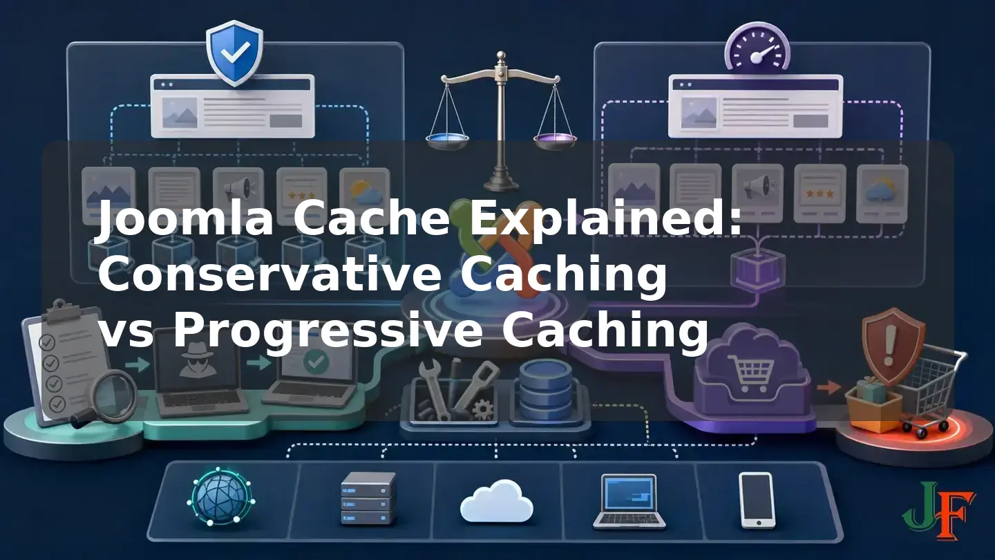 Wide conceptual illustration showing the connected stages and supporting elements involved in Joomla Cache Explained: Conservative Caching vs Progressive Caching.