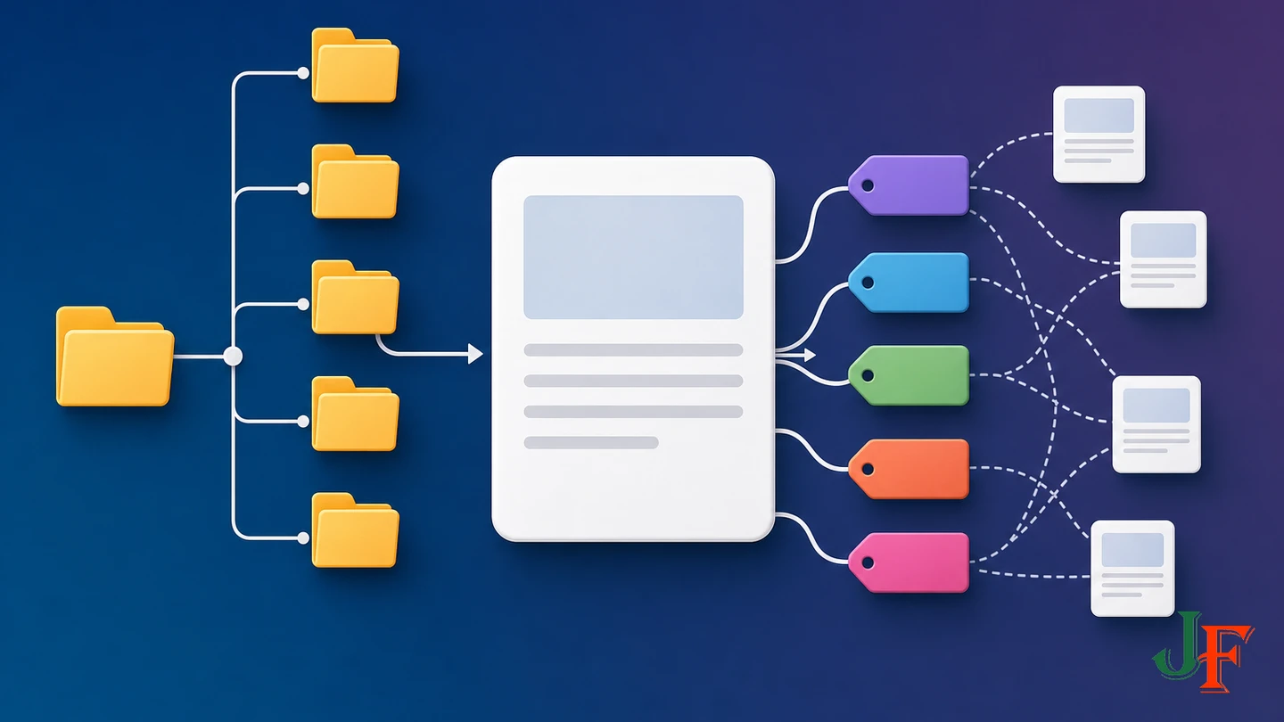 One article placed in a single category hierarchy and connected to multiple reusable tags