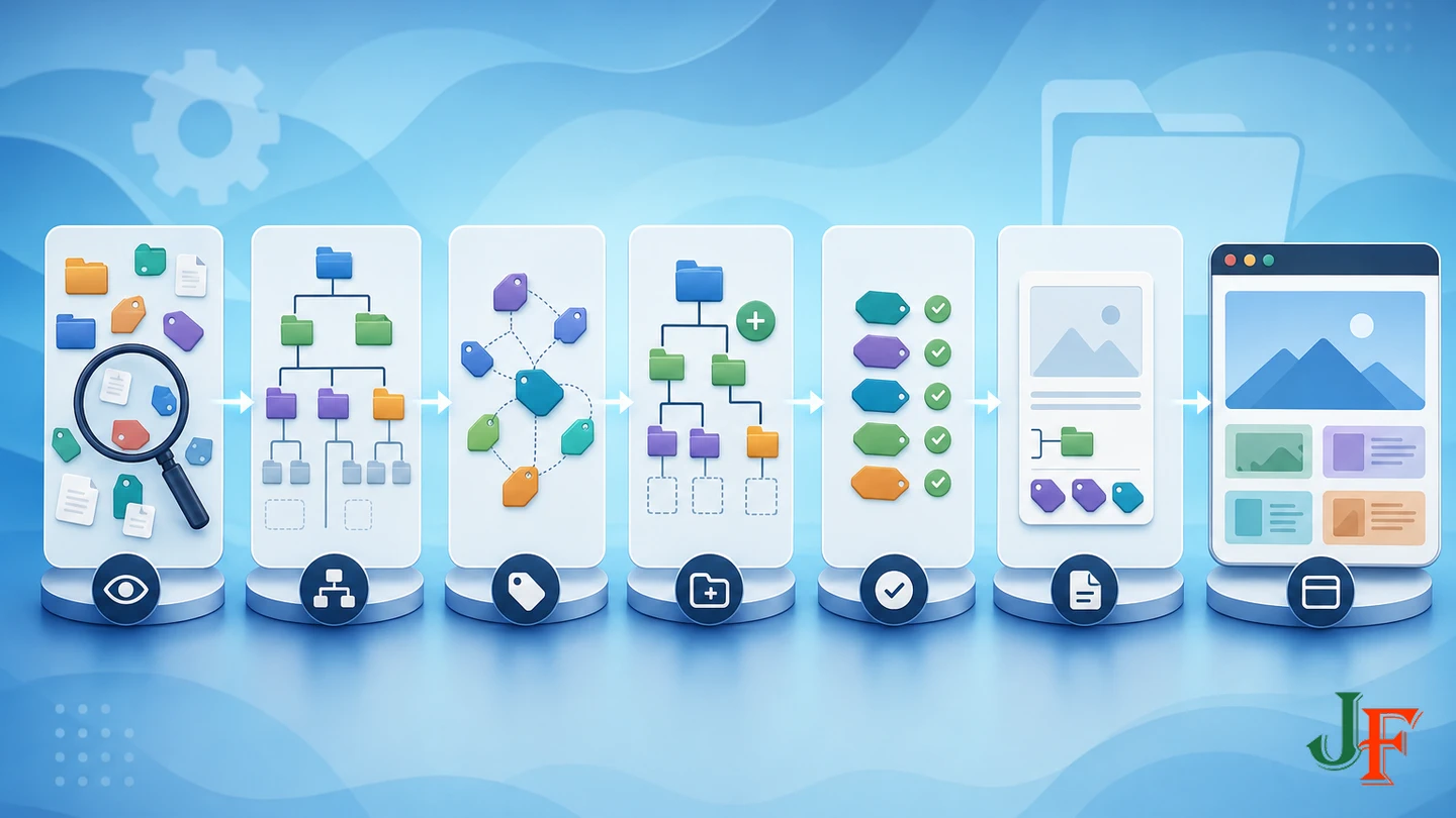 Workflow from taxonomy audit and planning through article assignment and page testing