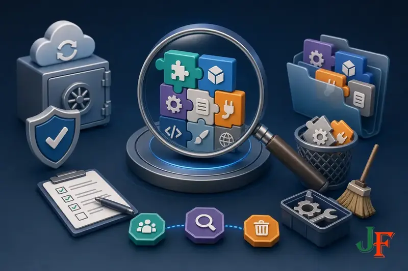 Conceptual editorial illustration representing Joomla Extension Audit: How to Remove Unused Extensions Safely through a clear Joomla-focused visual metaphor.