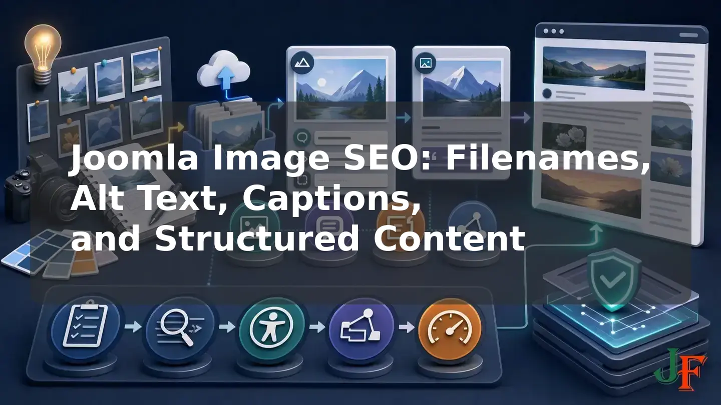 Wide conceptual illustration showing the connected stages and supporting elements involved in Joomla Image SEO: Filenames, Alt Text, Captions, and Structured Content.