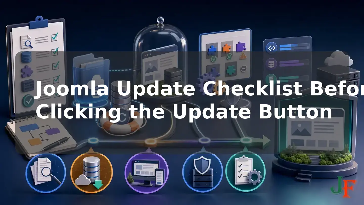 Wide conceptual illustration showing the connected stages and supporting elements involved in Joomla Update Checklist Before Clicking the Update Button.