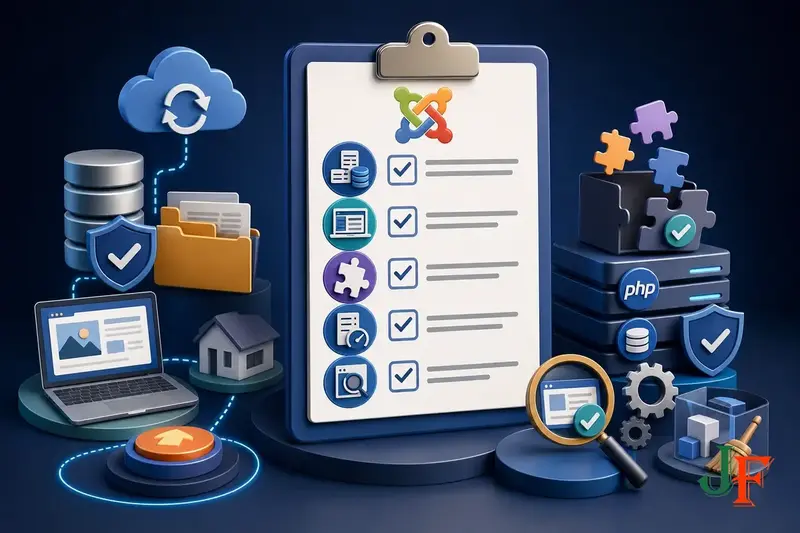 Conceptual editorial illustration representing Joomla Update Checklist Before Clicking the Update Button through a clear Joomla-focused visual metaphor.