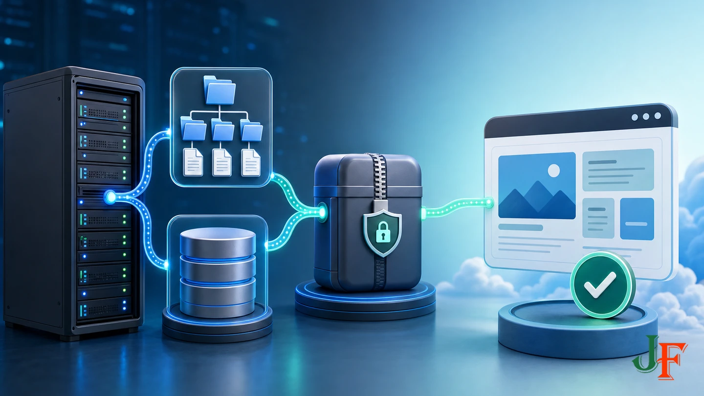 Site files and database converging into an independently stored backup that is verified on staging