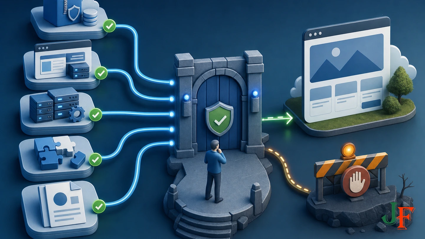 Backup, staging, compatibility, and release checks converging at a guarded production update decision