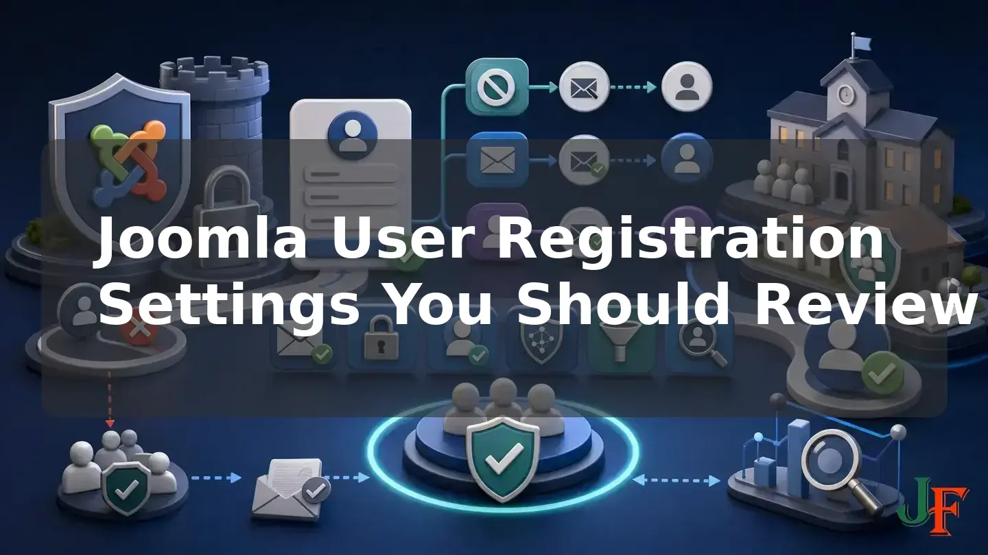 Wide conceptual illustration showing the connected stages and supporting elements involved in Joomla User Registration Settings You Should Review.