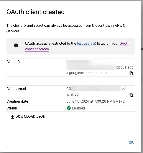 google dev console created oauth client